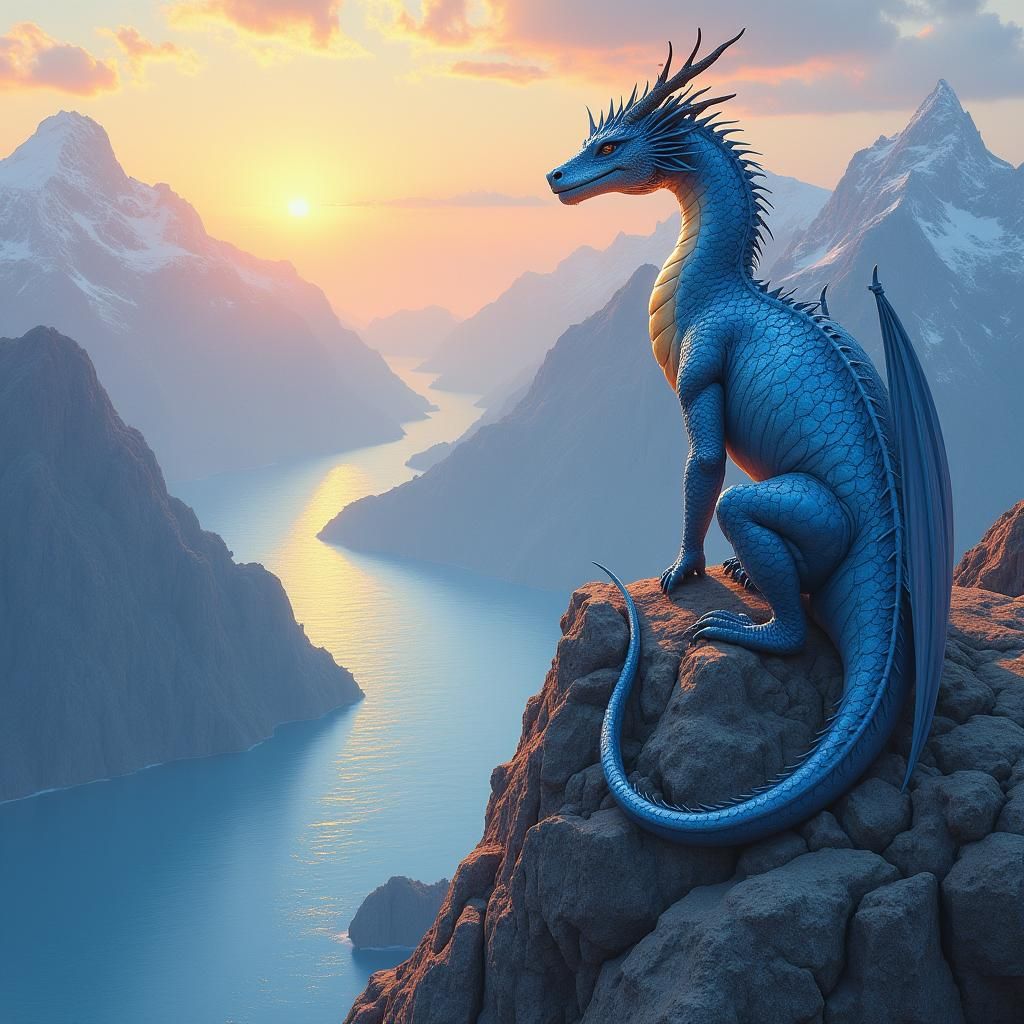 Blue Dragon Sunset Mountain: Dreamlike Digital Art