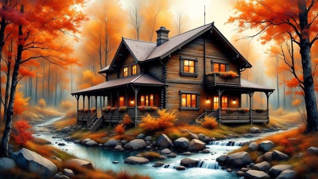 Oil painting of a cabin in the woods