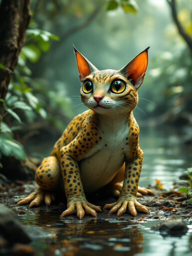 Enchanting Caracal-Frog Chimera in Humid Forest