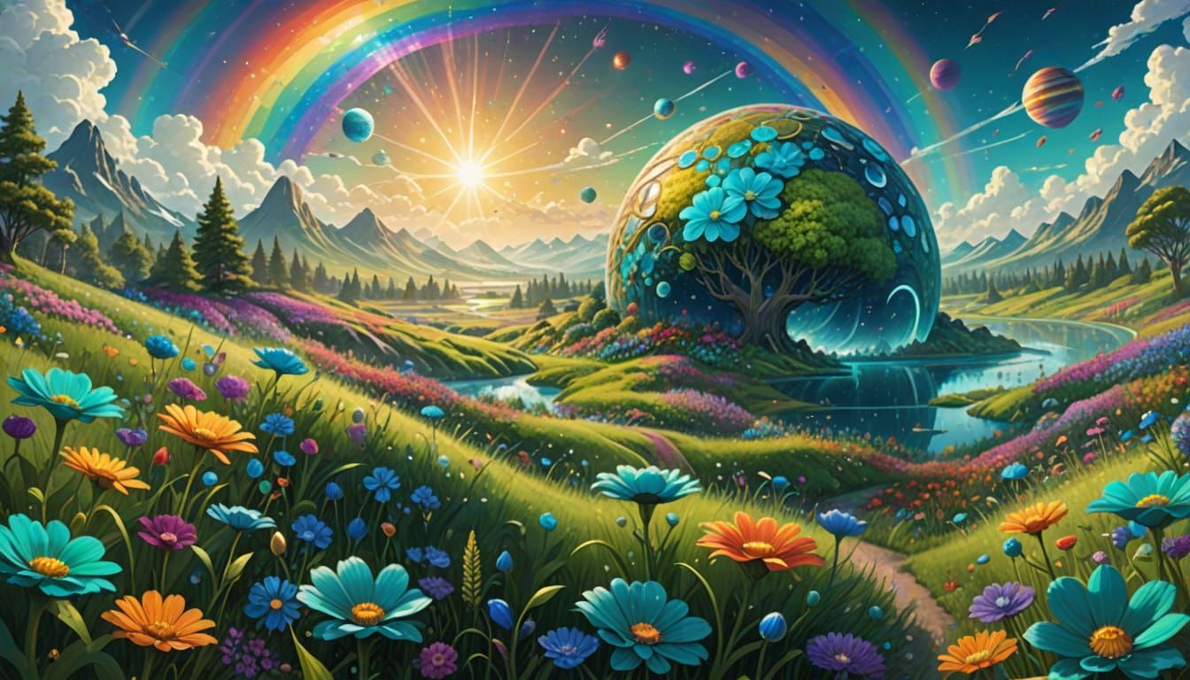 Magical Planet of Teal Flowers in Fairy Tale Style