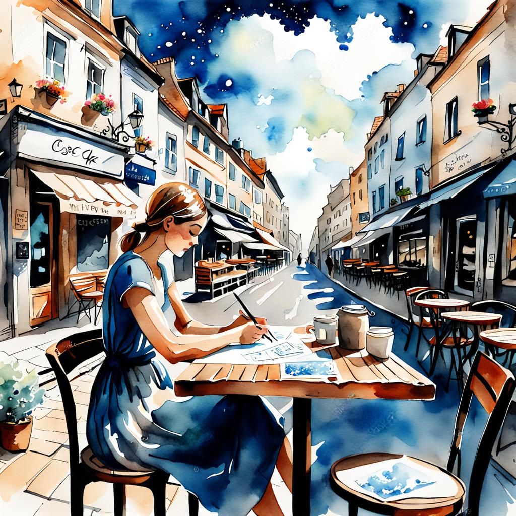 Girl Writing Postcard in Cafe: Watercolor Illustration