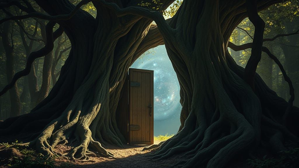 Cosmic Doorway in Primeval Forest, Dark Fantasy Style