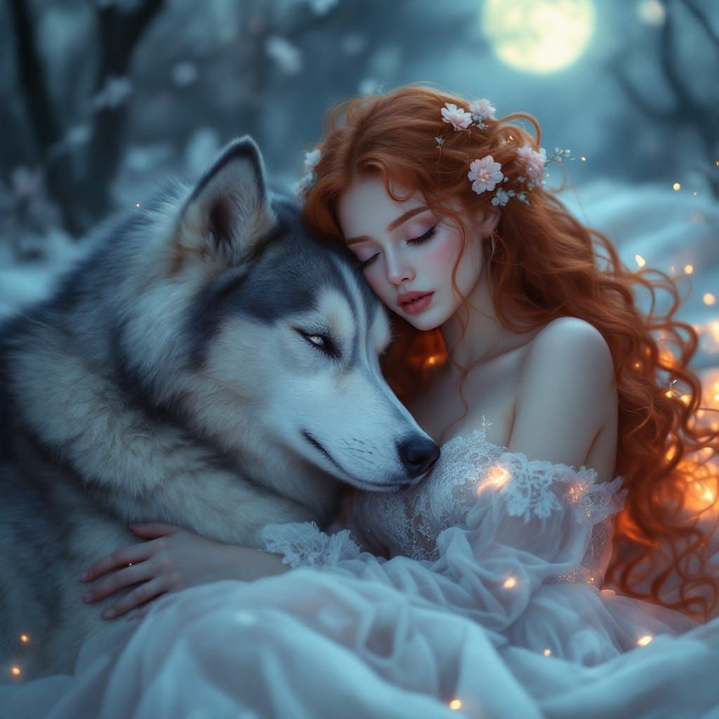 Ethereal Woman with Husky in Dreamy Moonlight Scene