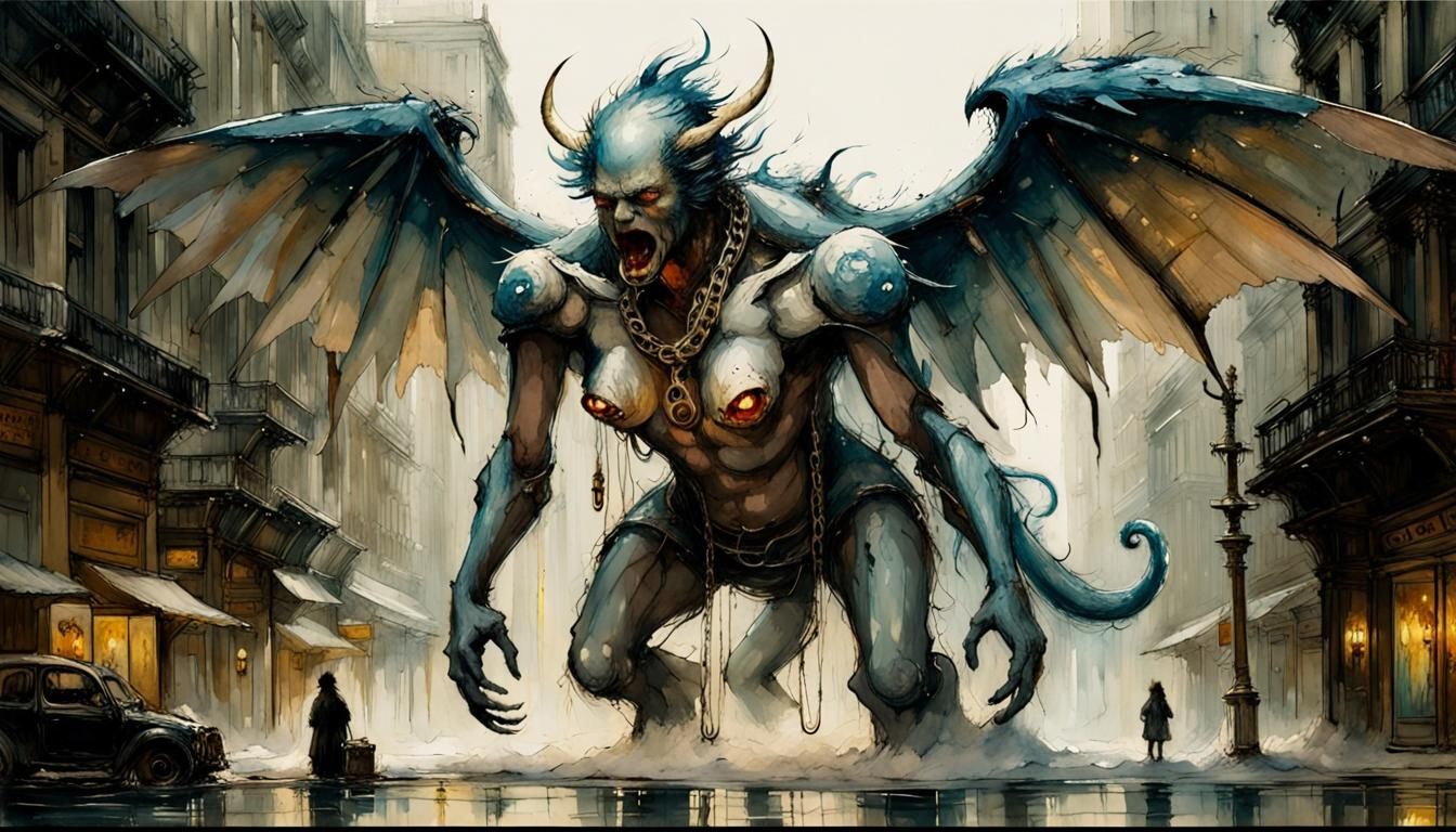 Winged Monster Chained: An Exquisite Watercolor Illustration