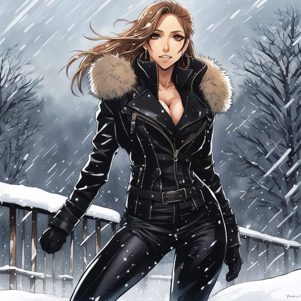 Anime-Style Jennifer Lopez in Leather During Snowstorm