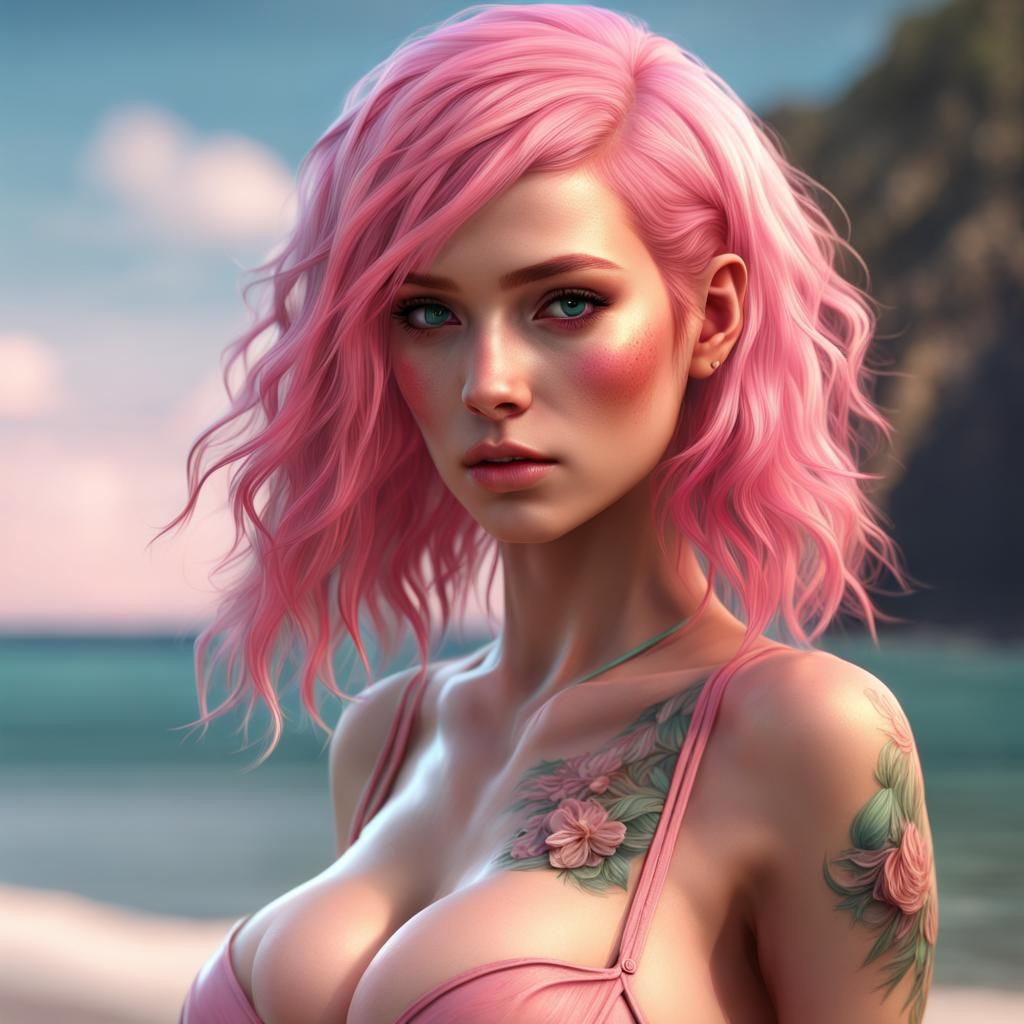 Pink-Haired Beauty on the Beach: Matte Painting Style