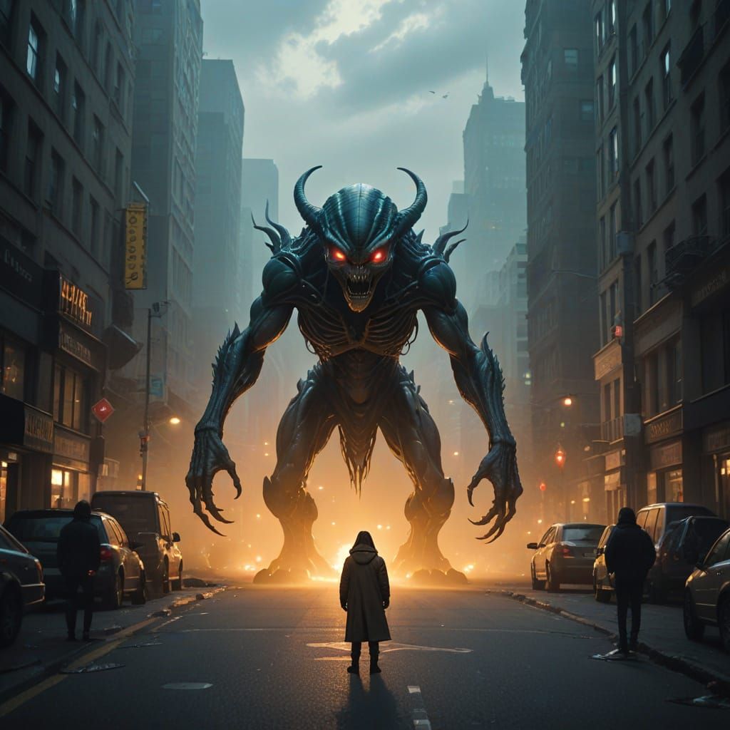 Alien Monster Staredown with Lone Human