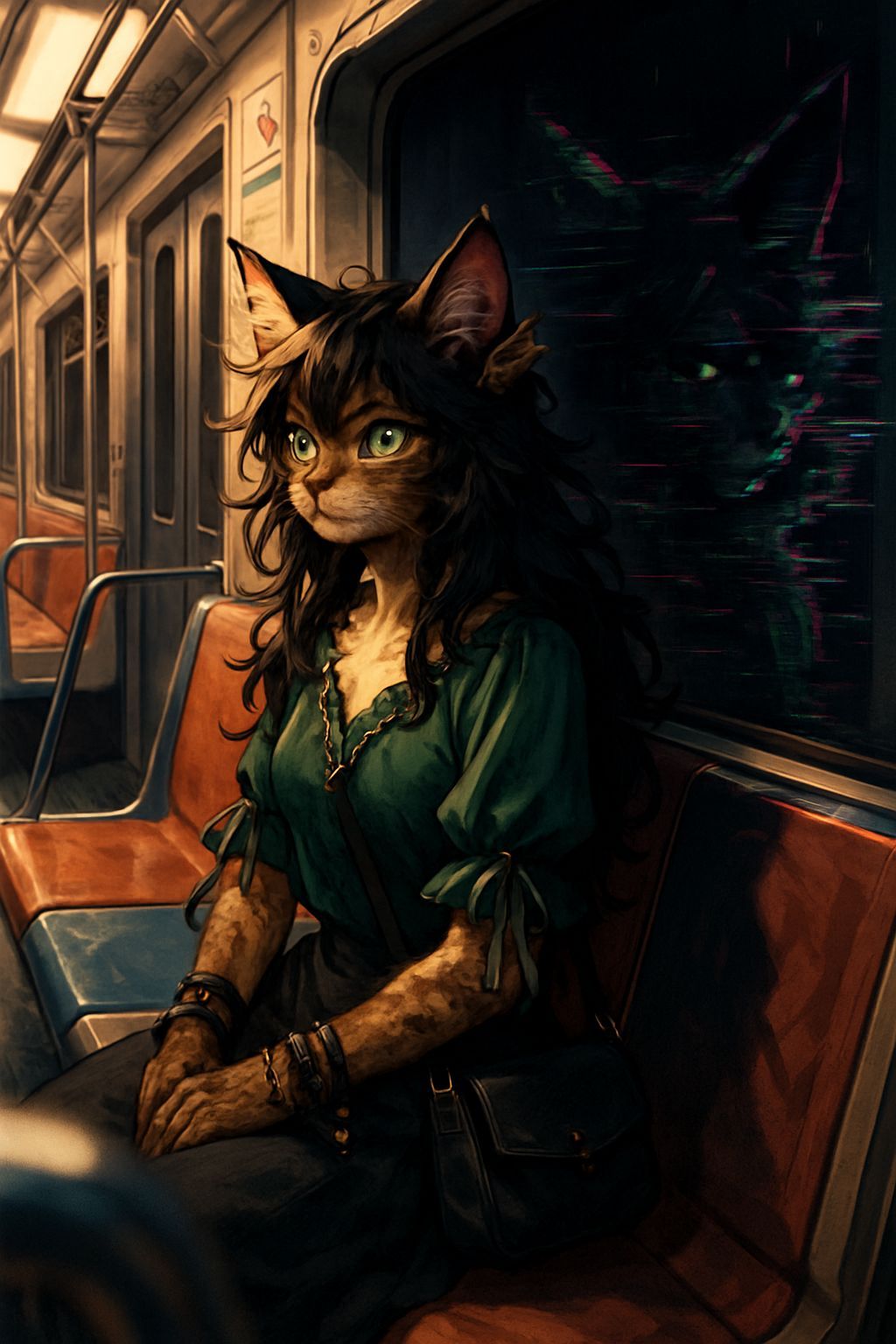 Anime Cat Girl on Subway Train Interior
