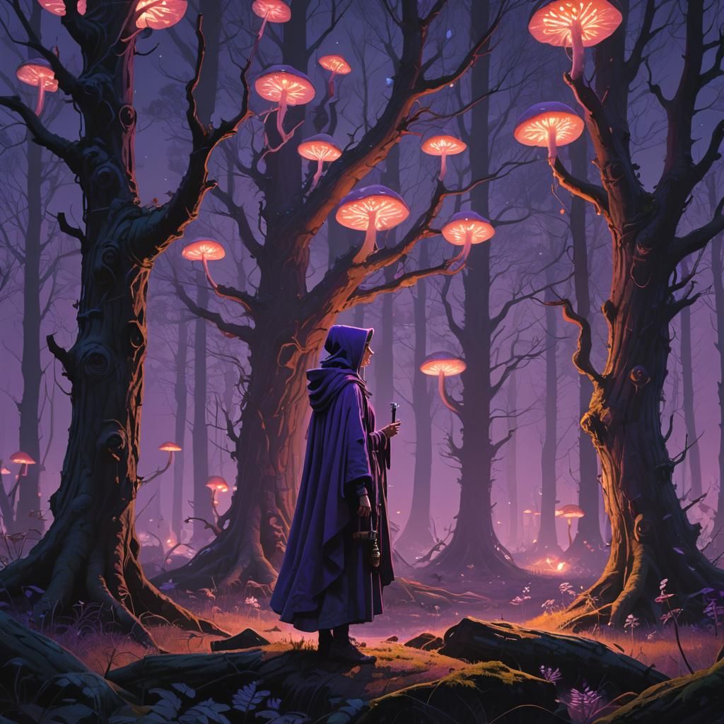Lone Sorceress in Mystical Forest, Fantasy Art