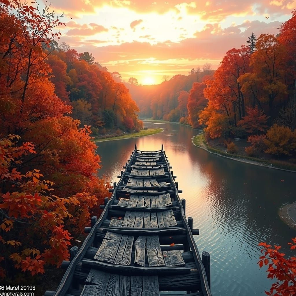Vibrant Autumn Woods Panorama with Winding River and Sunset