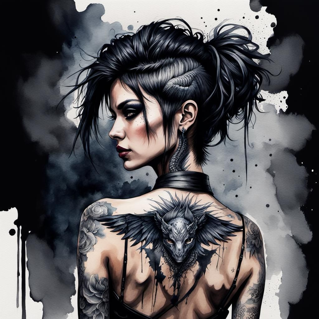 Cyberpunk Girl with Dragon Tattoo in Watercolor Style