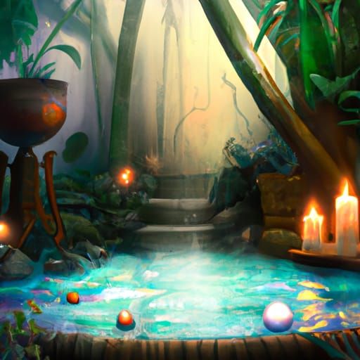 Otherworldly Hot Spring with Candles and Lush Plants