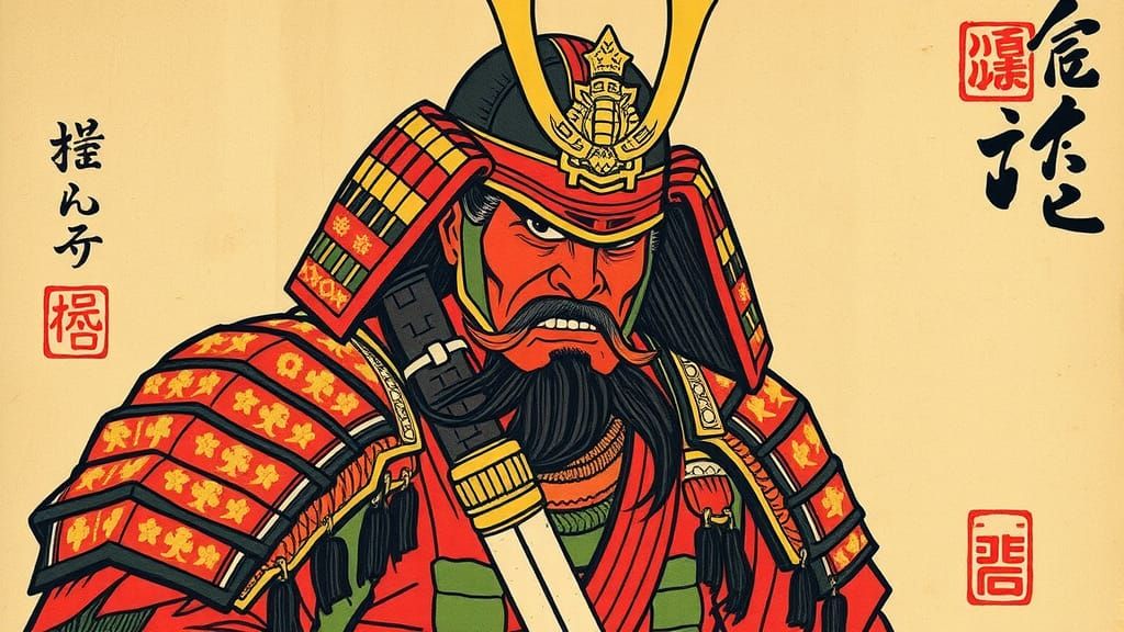 Samurai Warrior in Japanese Woodblock Print Style