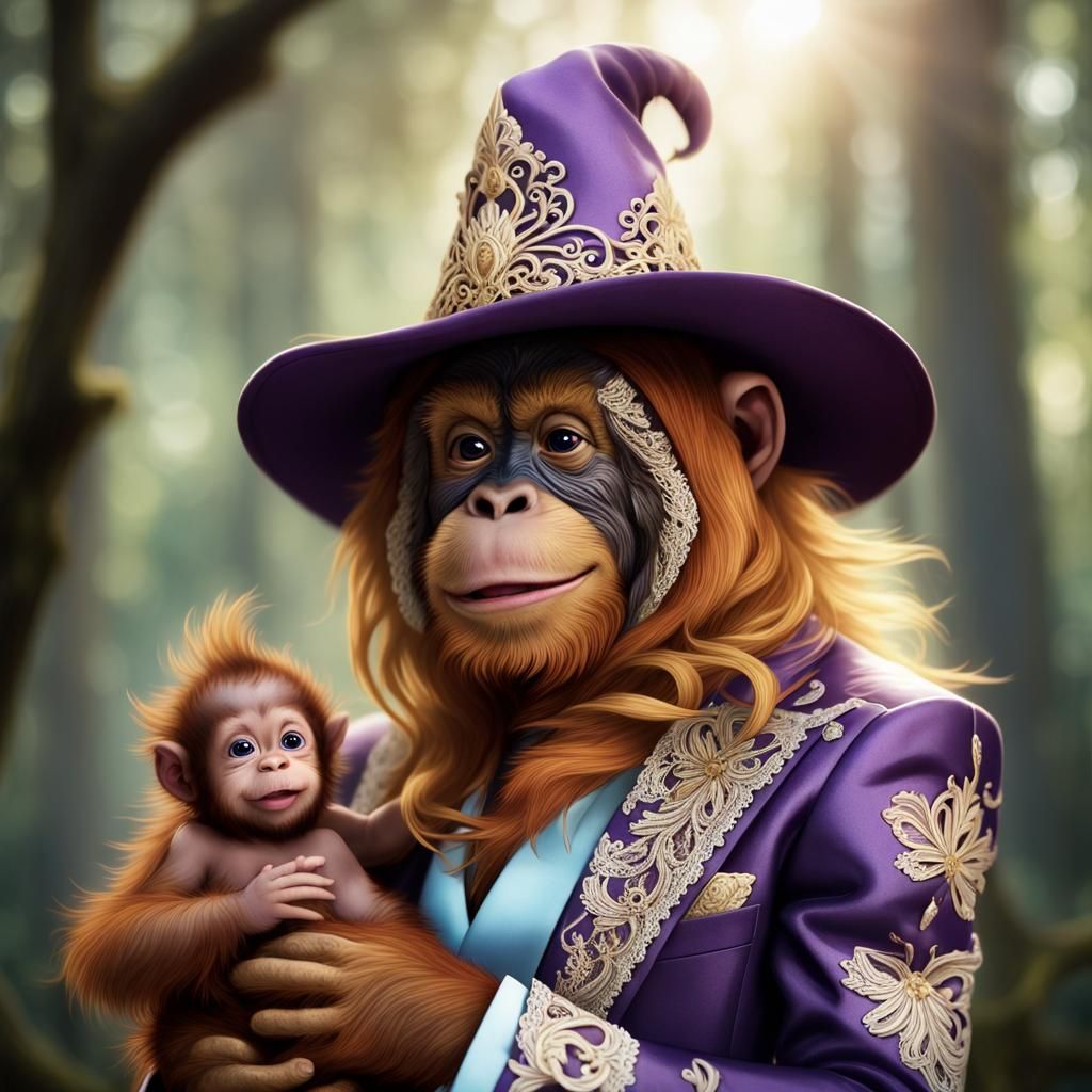 Orangutan Wizard and Son in Sunlit Forest
