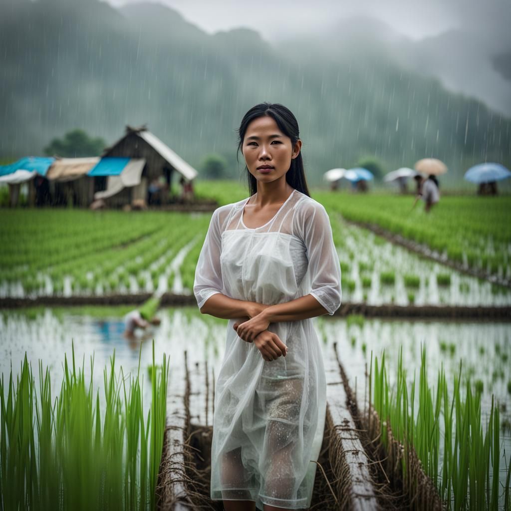 Filipino Woman Working in Rice Field During Rainstorm