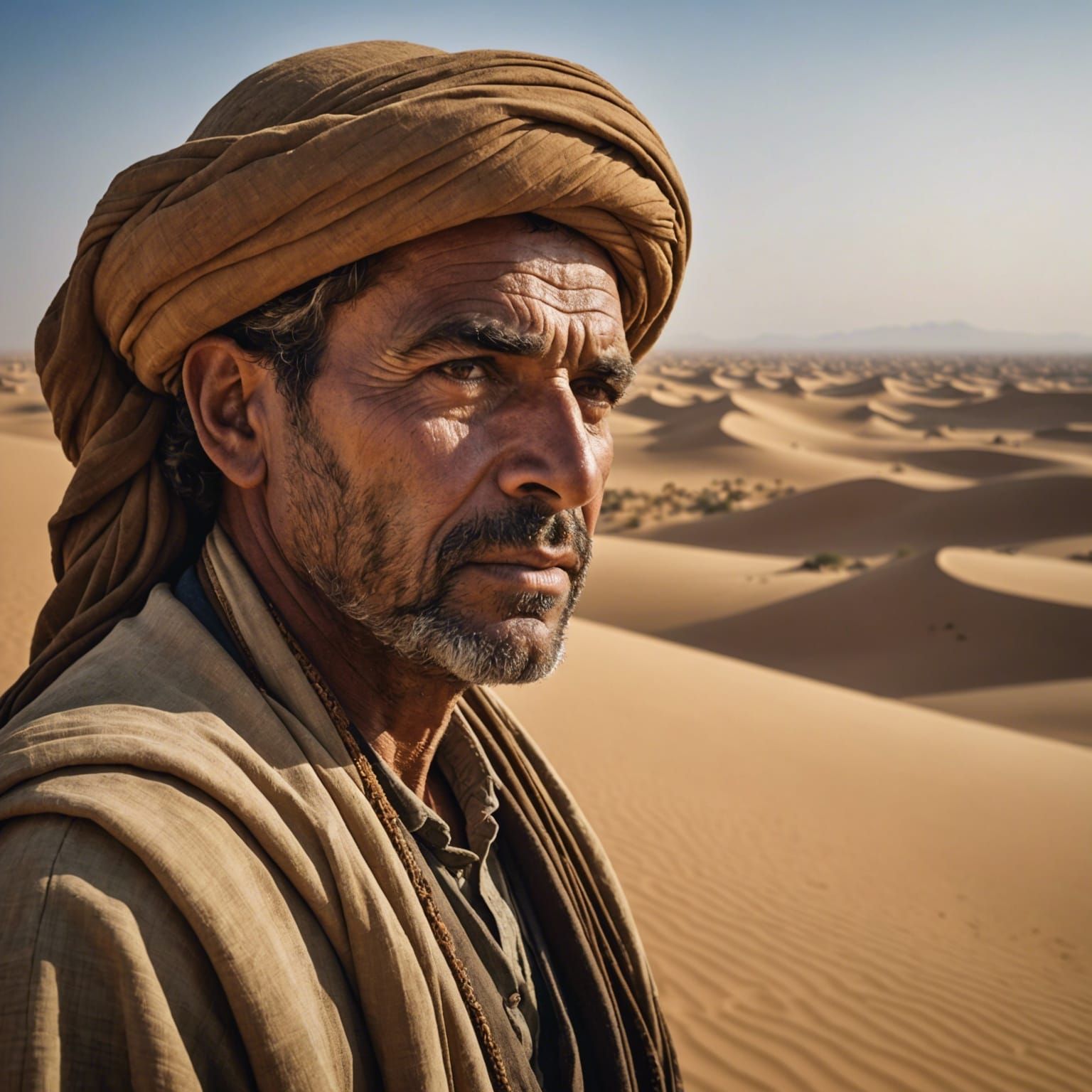 Lonely Man and Camel in Hyperrealistic Desert