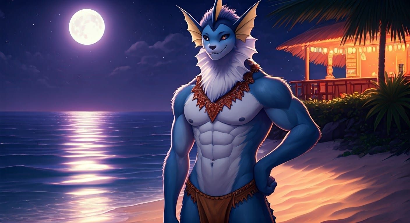 Anthropomorphic Vaporeon Basks in Moonlit Beachside Elegance