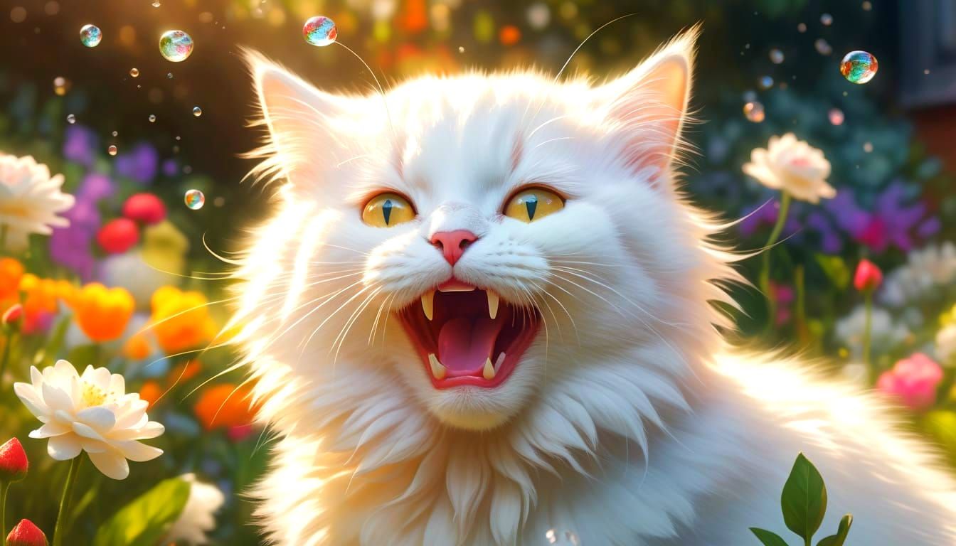 Fluffy Cat Carries Kitten Through Colorful Garden