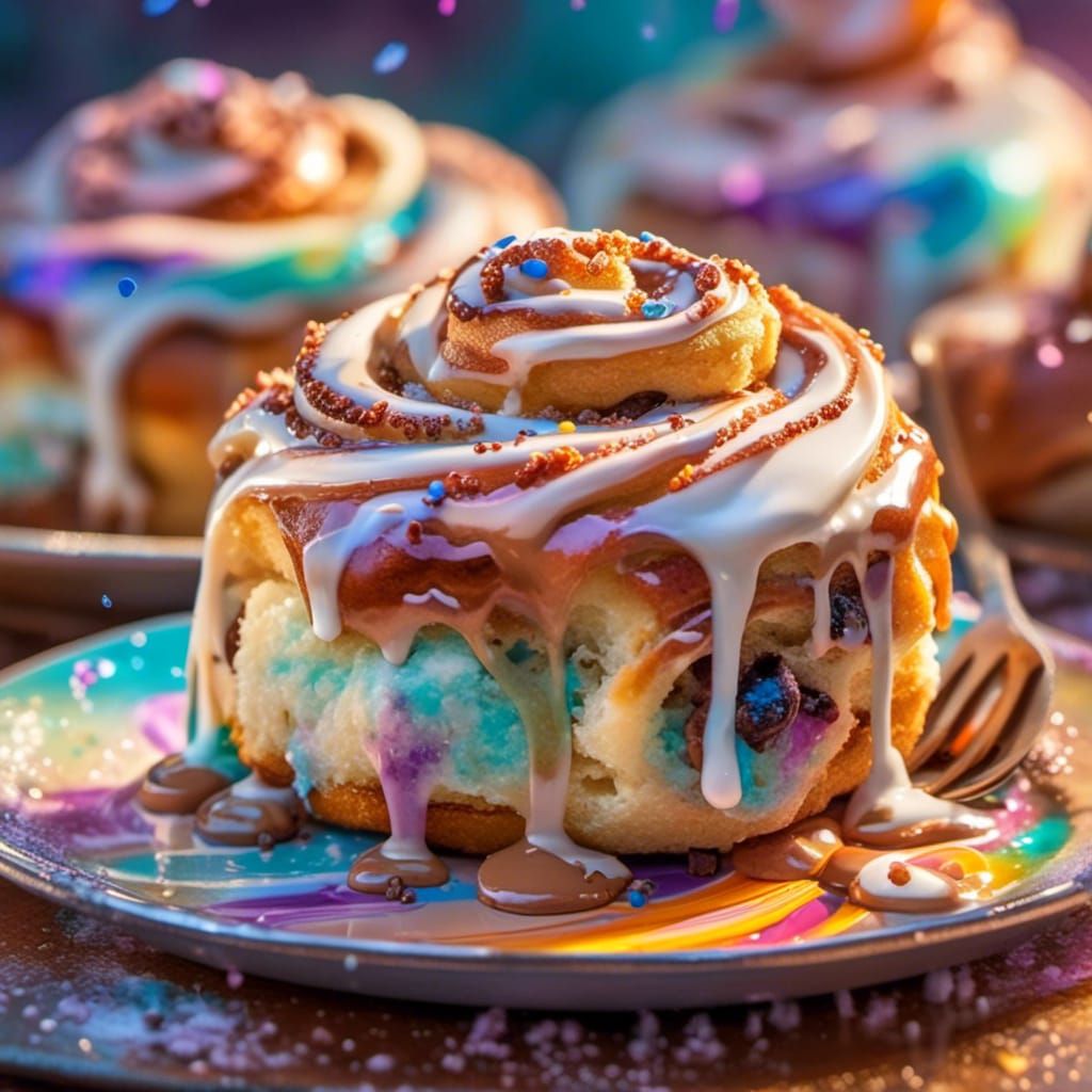 Colorful Iced Cinnamon Rolls in Ethereal Fantasy Style