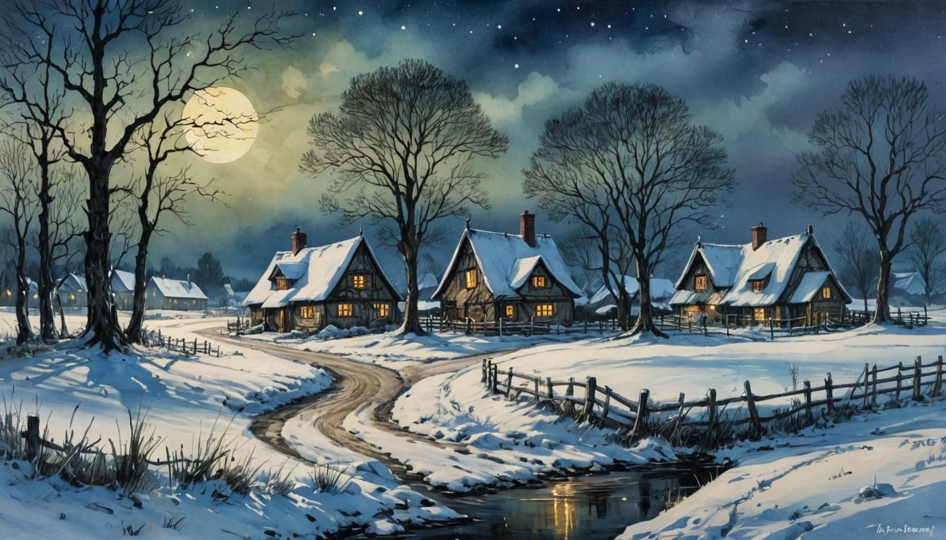 Rural Winter Landscape Painting by Arthur Rackham