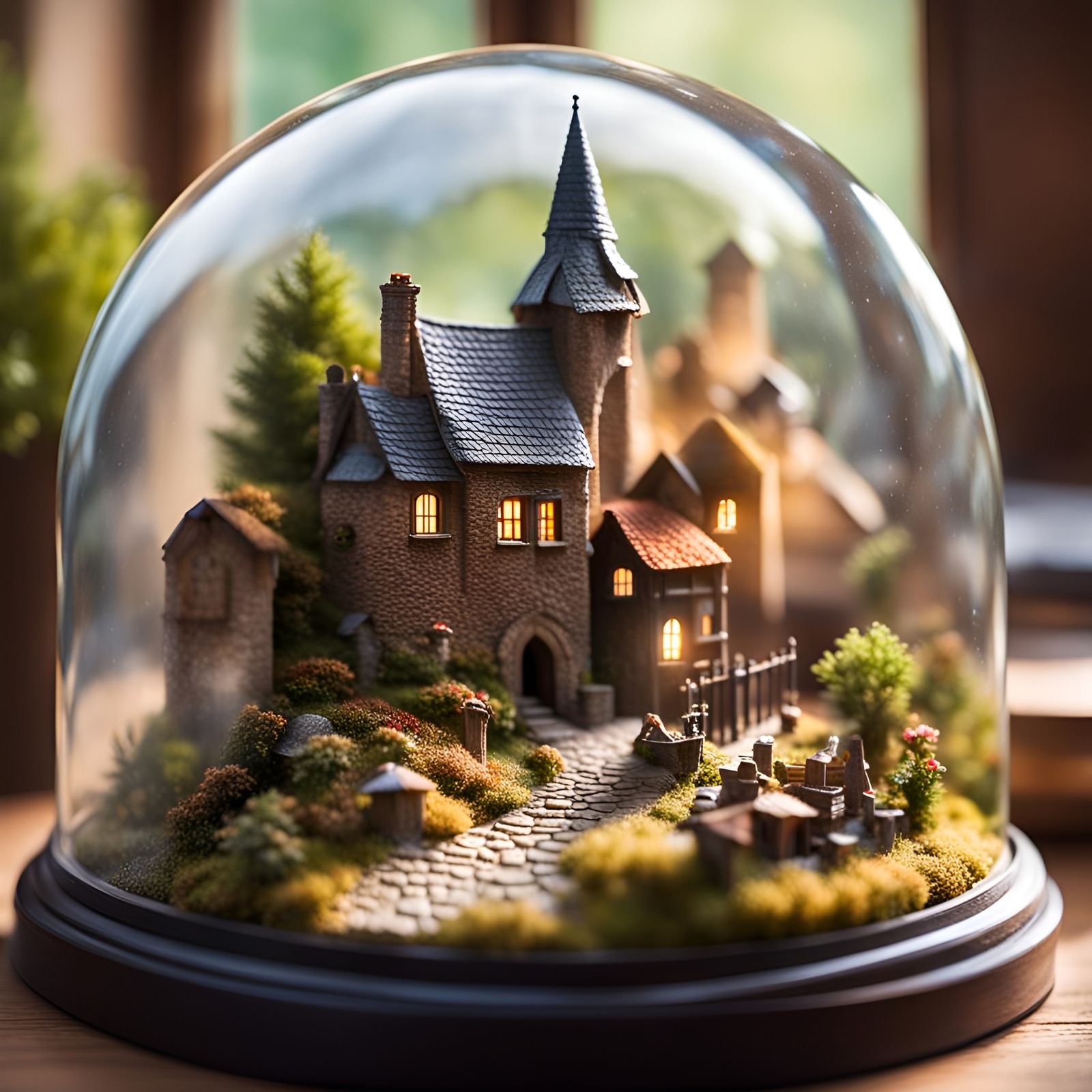 Medieval Village in Glass Dome: Photorealistic Diorama