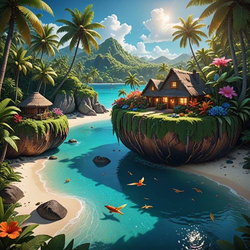 Miniature Coconut Village on Tropical Beach