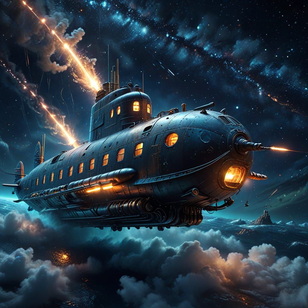 Surreal Space Submarine in Flight