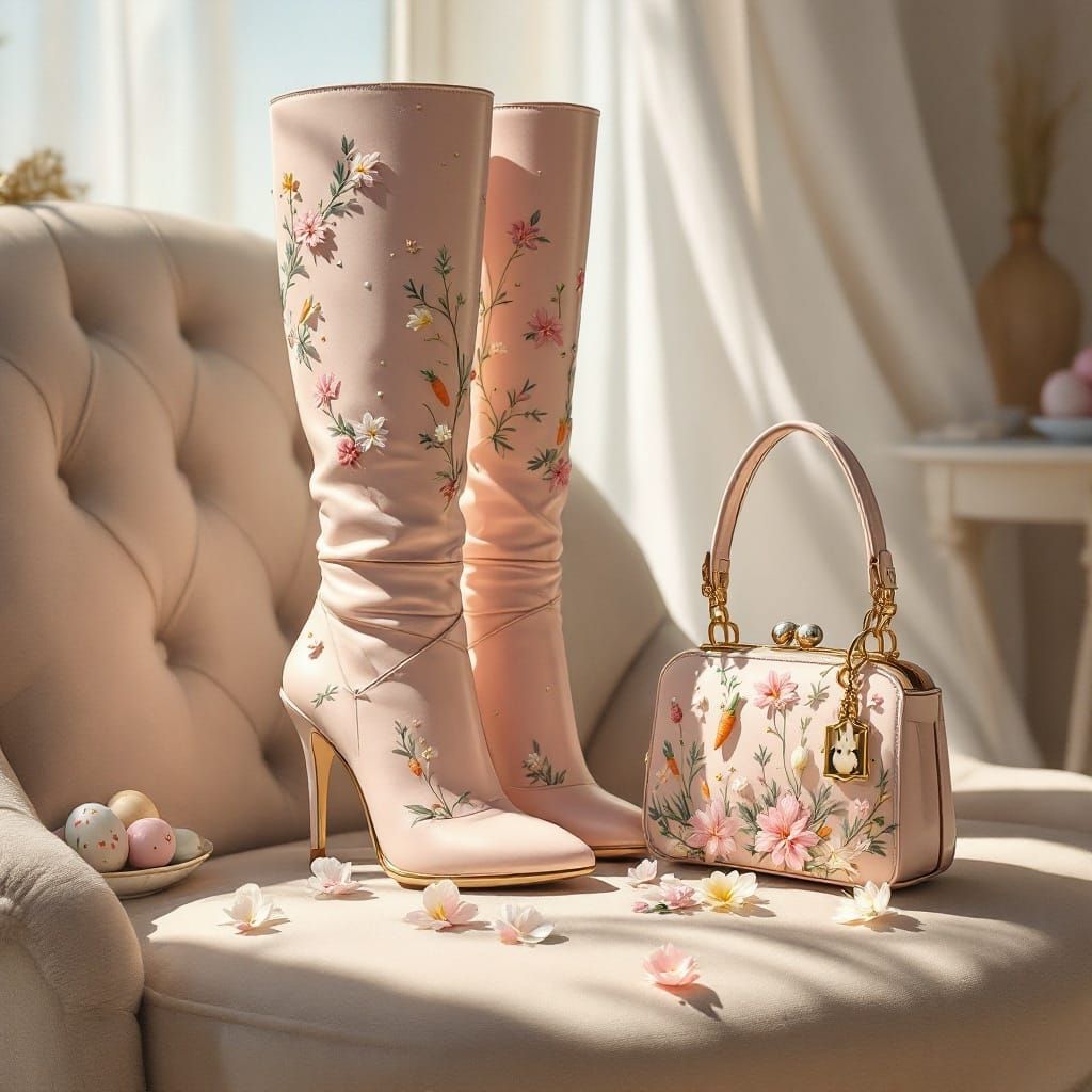 Elegant Boots and Handbag in Refined Realist-Style Oil Paint...