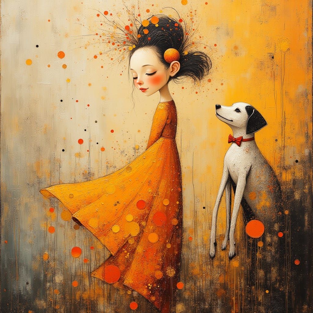 Android Robot and Dalmatian Puppy in Polka Dot Landscape