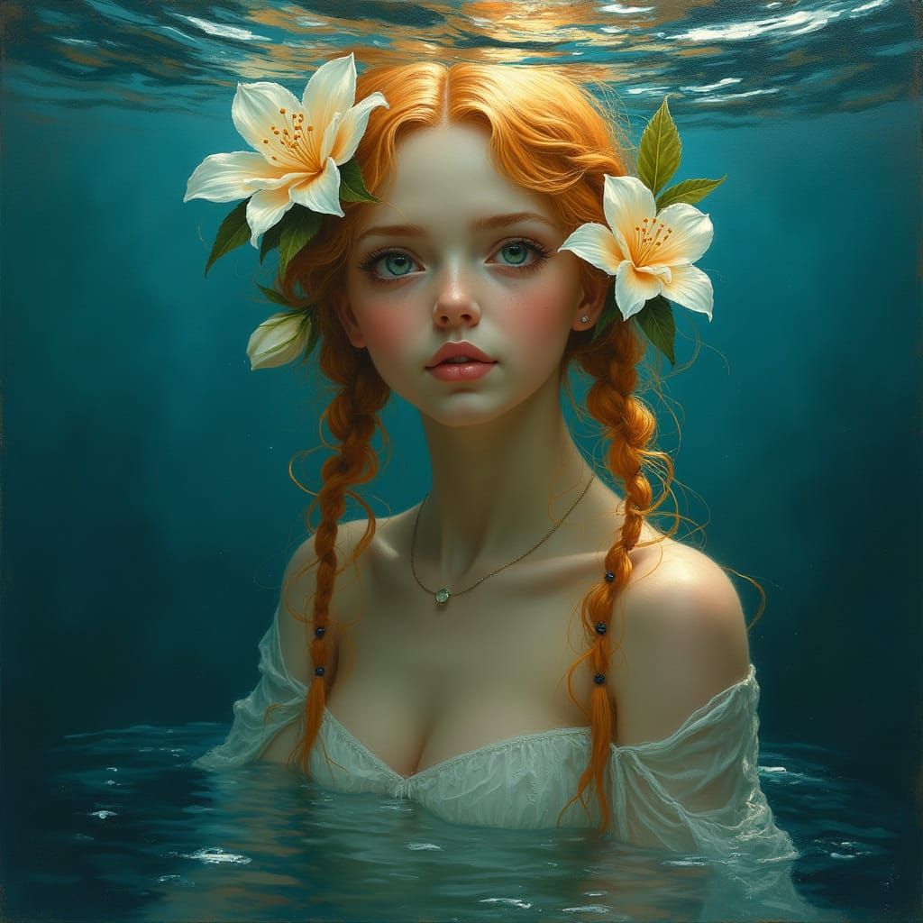 oil painting, light brush strokes, in the style of Rembrandt of Sabrina the water sprite, under the glassy, cool, dark b...