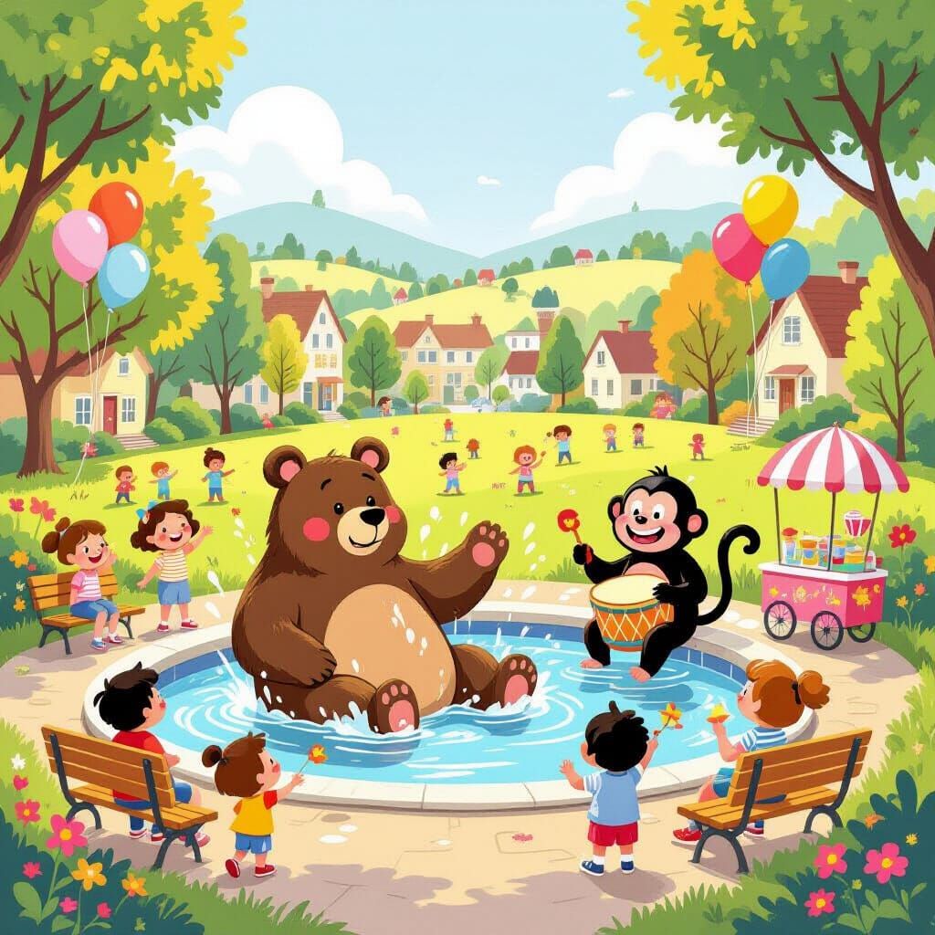 Joyful Children's Park Scene with Bear Bathing