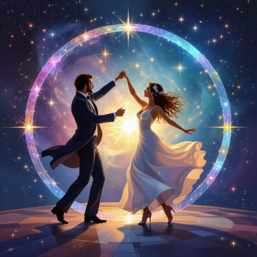 Cosmic Couple Personified Stars Dancing in Astral Illustrati...