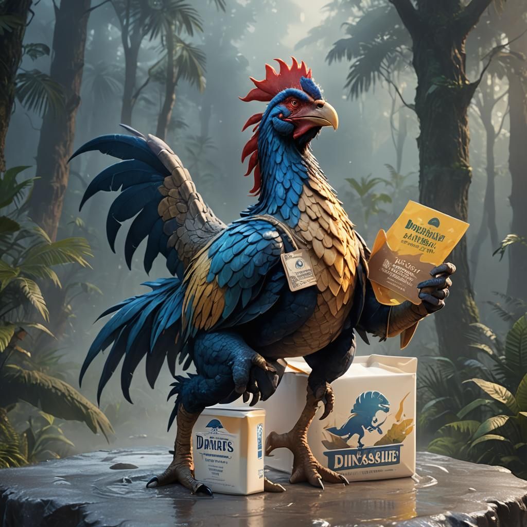 Dinosaur Rooster on Milk Carton in Mystical Forest
