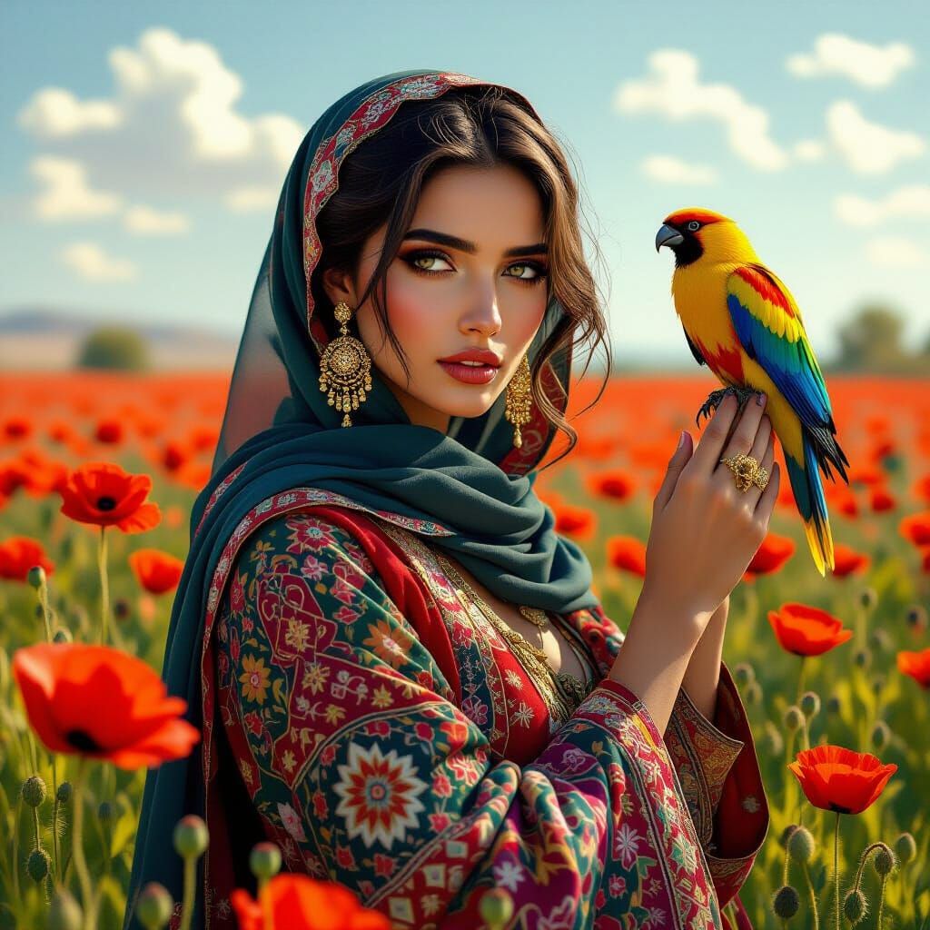 Afghan Woman with Simurgh in Poppy Field