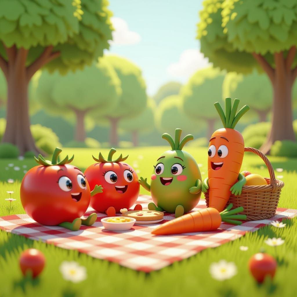 Whimsical Vegetable Picnic Scene in Pixar Style