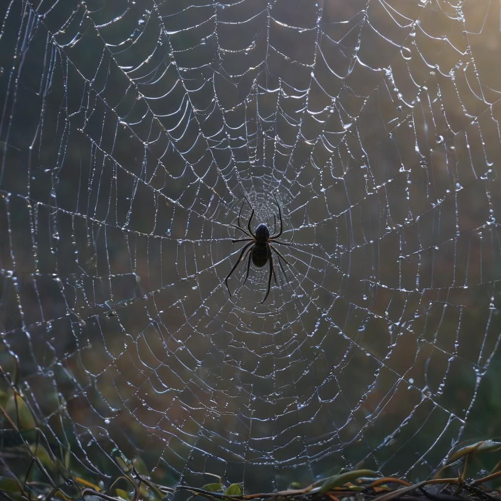Dew-Covered Spider Web in Dark Fantasy Style