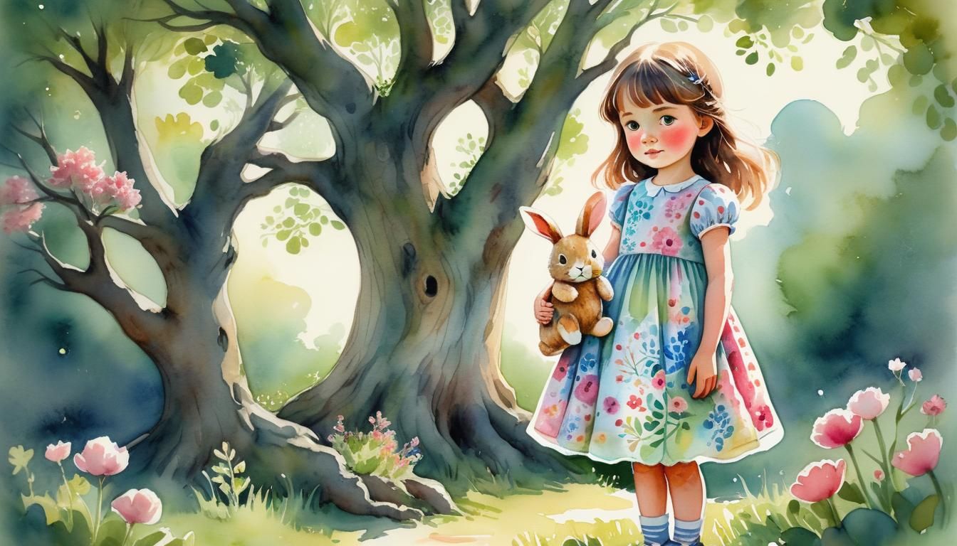 Whimsical Girl with Rabbit in Watercolor Illustration