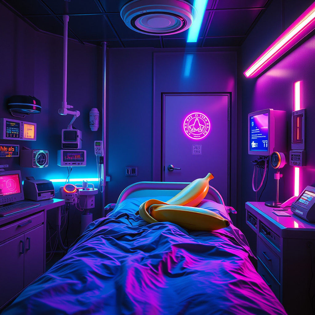 Synthwave Banana Unwell in Futuristic Hospital