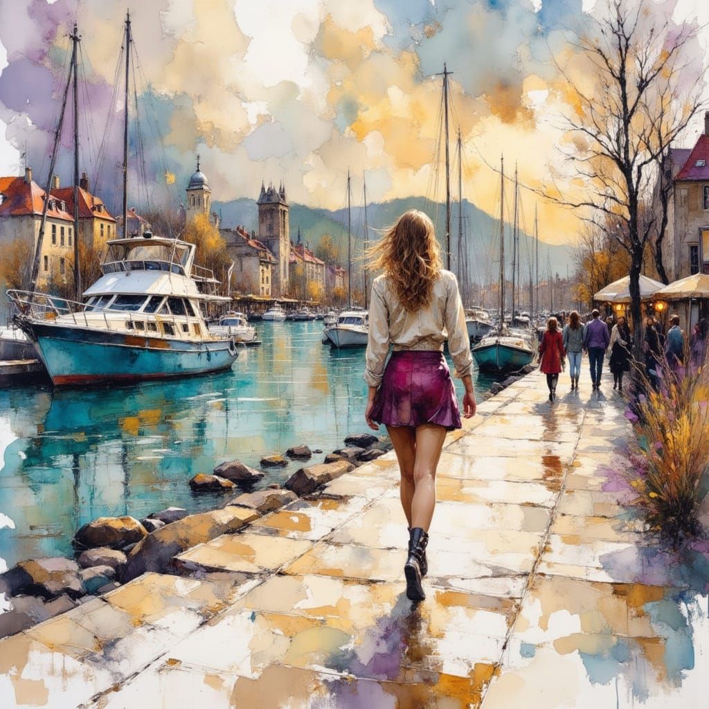 Woman Walking on Marina Boardwalk in Winter Cityscape