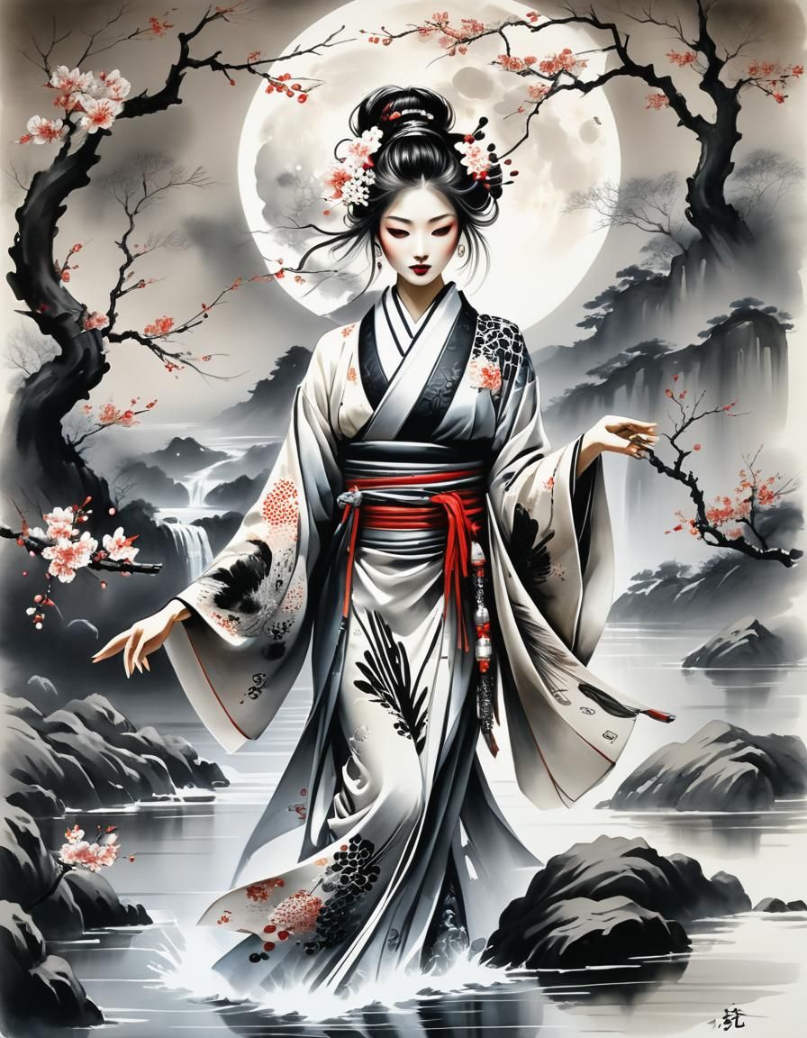 Elegant Japanese Girl Dancing in Sumi-e Ink Painting