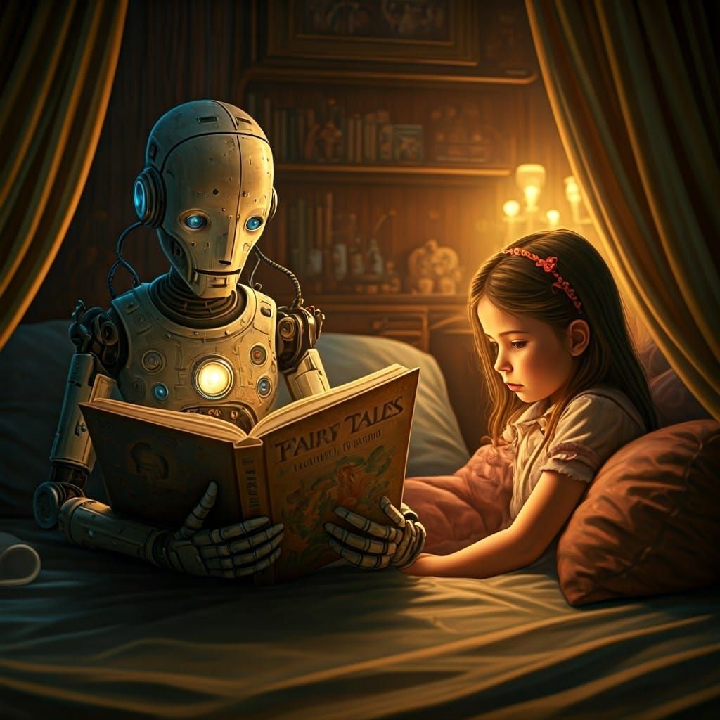 Lonely Girl Listens to Robot in Sci-Fi Room