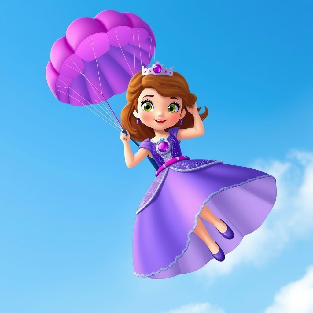 Princess Sofia Skydiving with Purple Parachute, Whimsical Ar...