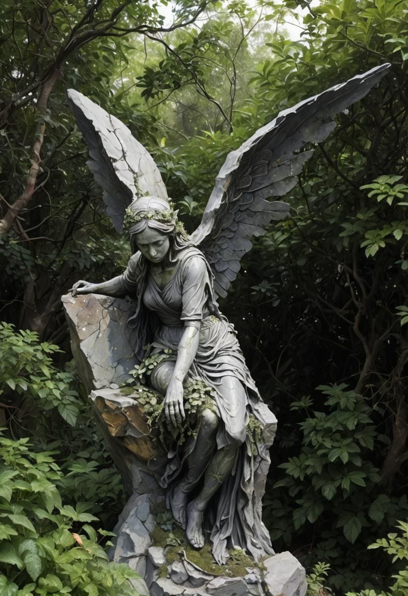 Renaissance Rock Woman Sculpture Covered in Vegetation