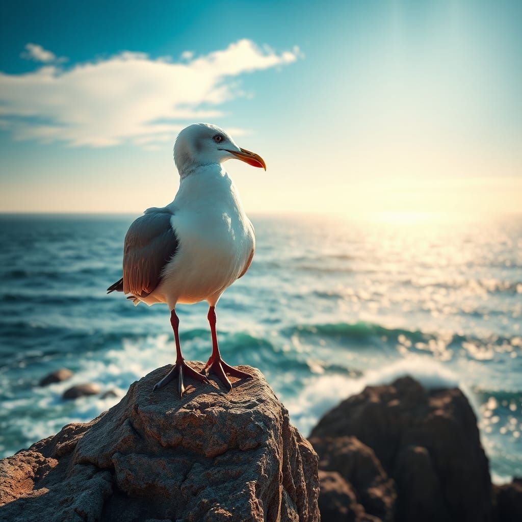 Seagull on Cliff Edge in Hyperrealistic Style