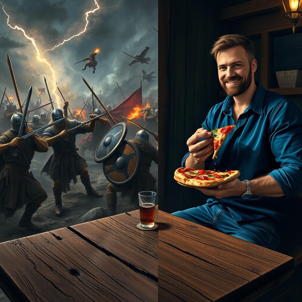 Vikings Clash as Man Enjoys Pizza