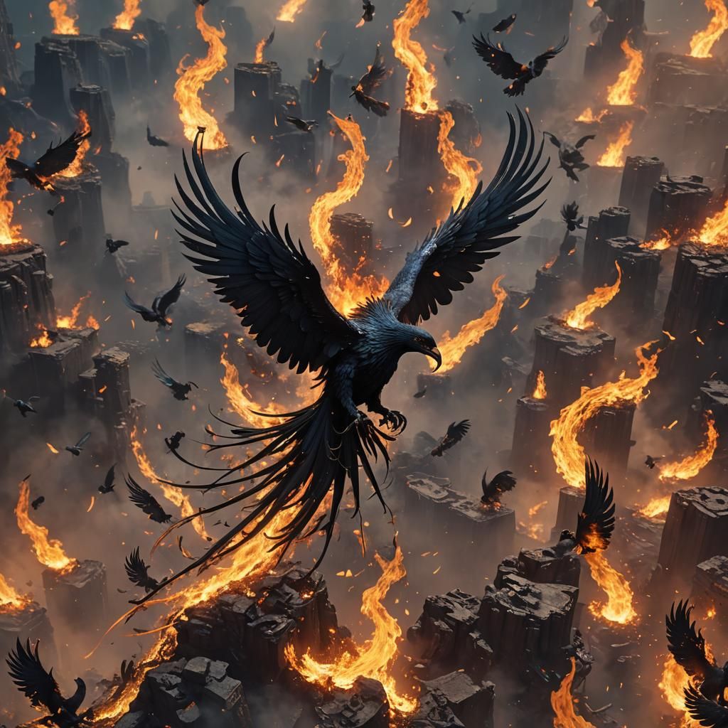 Black Phoenix Roaming in Surreal Flames