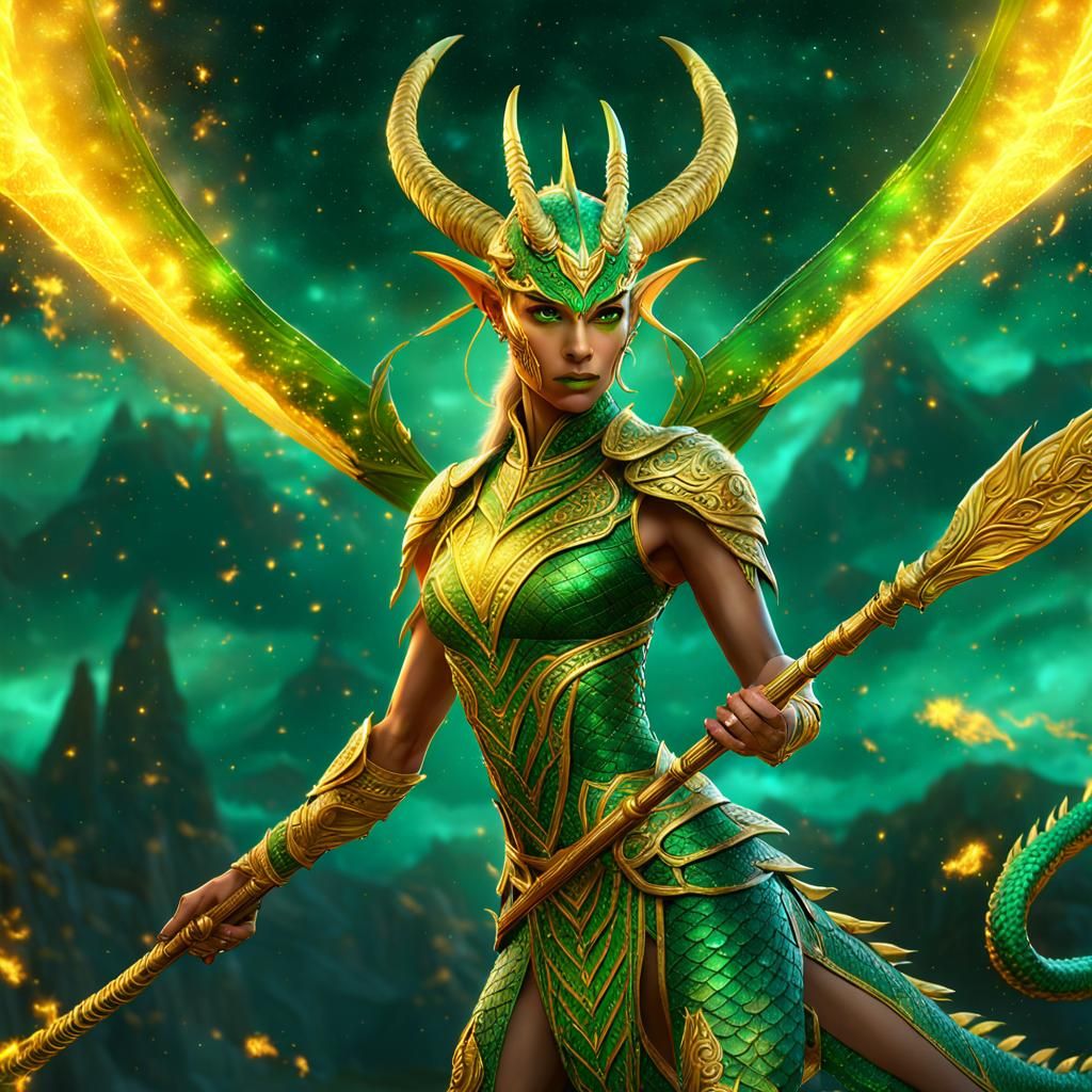 Celestial Dragon with Spear Under Stars