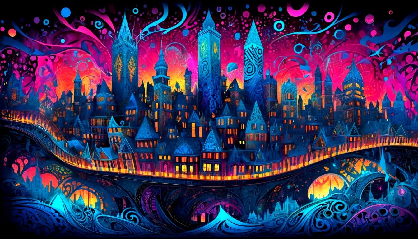 Psychedelic UV Ink Splashed Cityscape in Zentangle Style