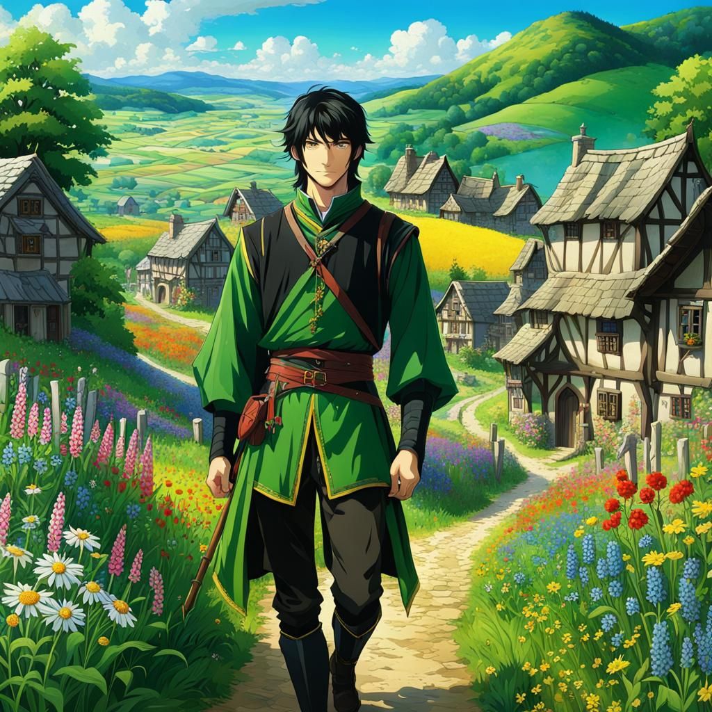 Anime Man Walks Through Medieval Village