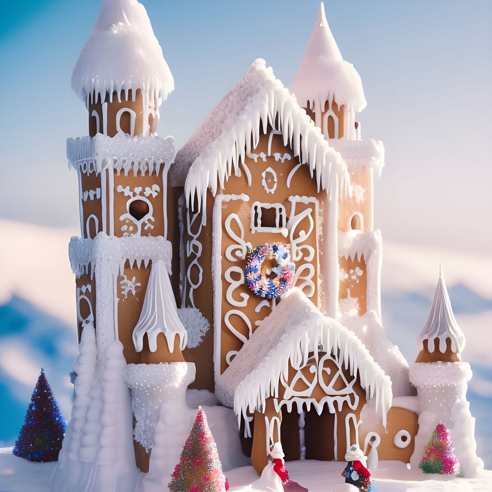 Magical Gingerbread Castle on Snowy Mountain